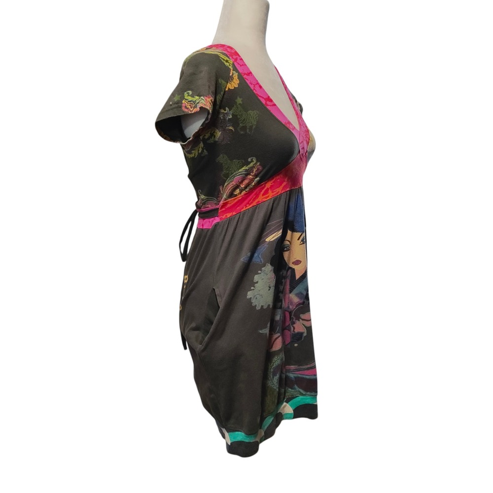 Desigual Asian Geisha Print Dress Short Sleeve Art Y2K Colorful XS / S FLAW - Picture 6 of 12